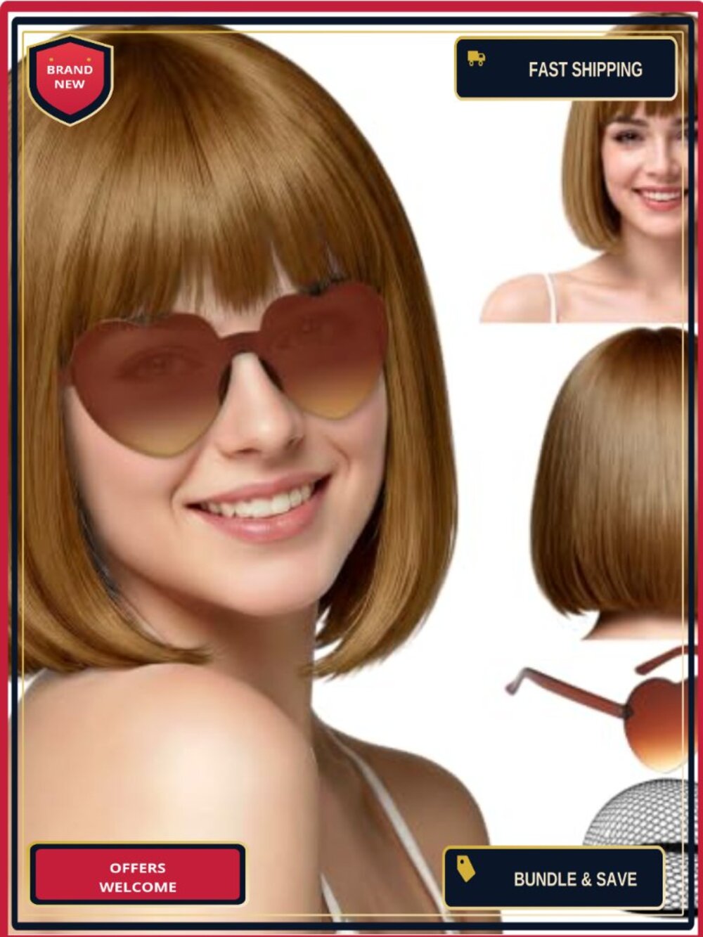 Synthetic Bob Wig with Bangs & Heart Sunglasses Costume Party Set